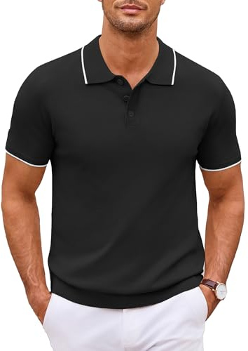 COOFANDY Polo Golf Shirt for Men Short Sleeve Knittde Summer Poloshirt Regular Fit Golf Tops Black (White Striped) L