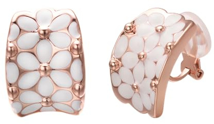 Vissen Orecchini a Clip con Fiori Bianchi Donna Placcati in Oro Rosa Orecchini Senza Forature Eleganti Gioielli, 20 millimètres