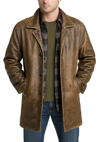 Fashion_First Men's 3/4 Mid Length Genuine Leather Trench Coat - Men brown leather jacket Car Coat Vintage Leather Brown Blazer Jacket