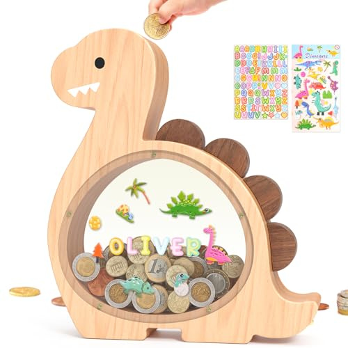 Summidate Salvadanaio in Legno a Forma di Dinosauro per Bambini Maschi, Grazioso Salvadanaio in Legno Dino per Bambini Piccoli, Barattolo Creativo per Risparmiare Monete, Regalo Personalizzato per