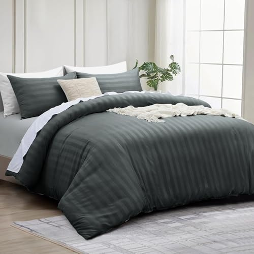 INSPIRE HOMEWARE Dubbelt påslakanset – premium hotellkvalitet vändbart satinränder påslakan med 2 örngott, träkol dubbelsäng set – mjuka sängkläder i mikrofiber