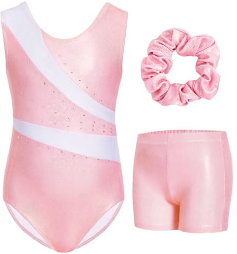 Gogokids Gymnastikset i tre delar med shorts för barn, ärmlösa trikåer med ädelstenar, glittrande gymnastikkläder med färgblocksdesign, atletiska danskläder för åldrarna 3–12 år