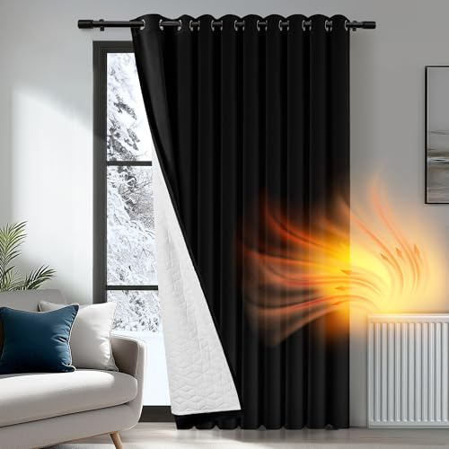 Deconovo Lot de 1 Rideau occultant, Opaque, avec Volants, Thermique, pour Chambre à Coucher, Salon, Isolation Thermique Dos Blanc, 300L X 245H cm (1 Panneaux) Noir