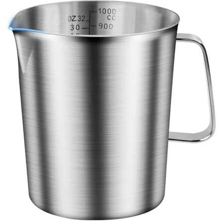 Huucozn Jarra Medidora de Acero Inoxidable 1 Litro con Escala y Mango, Jarra de Leche de Acero Inoxidable, Vaso Medidor para Café, Taza de Medir para Líquidos 1000 ml en Cocina, Restaurante y Bar