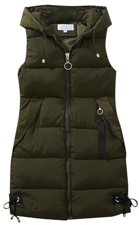 Chaleco largo con capucha para mujer, chaleco acolchado sin mangas para mujer, chaleco largo para mujer, chaleco deportivo al aire libre, abrigo acolchado cálido con cremallera chaleco sin mangas