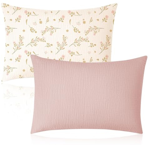 2 Pcs Toddler Pillow Cases Cotton Muslin Soft Breathable Toddler Pillow Cases Protectors for Baby Kids (Light Pink, Floral)
