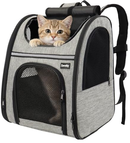 Zavothy Sac à Dos Transport pour Chat et Chien, Portable et Pliable, avec Fenêtre en Maille et Support Dorsal Rembourré, Respirant, Charge Maximale 8 kg (Gris)