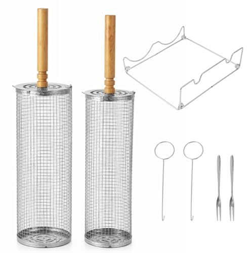 BLUE BAZAAR Rolling Grill Basket,Removable Wooden Handle, 7-Pack Grill BasketS with Handle - Non-Stick BBQ Grill Basket Set,Nesting Grilling Net, BBQ Accessories Tools for Vegetables