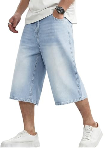 Oanviso Hommes Jeans Shorts 3/4 Pantalon Court Bermudas Y2K Hip-Hop Vintage Loose Fit Pantalon en Denim Droit Décontracté Streetwear