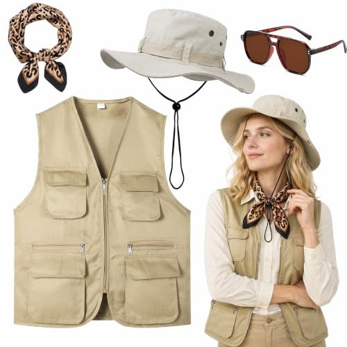 PORUPAEL 4Pcs Safari Costume Set for Women, Zoo Keeper Costume Accessory | Vest Explorer Hat Scarf Sunglasses for Outdoor Adventures Parties Cosplay