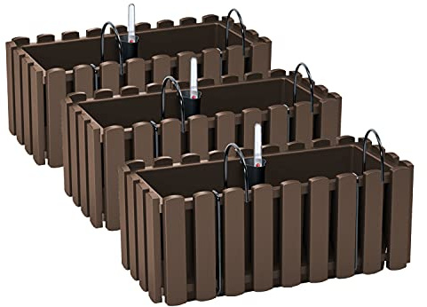 PAFEN 3X Blumenkasten Blumentopf mit Halterungen – 38 x 18 x 16,2 cm - Pflanztopf Bewässerungssystem Balkonkasten Pflanzkästen, Braun