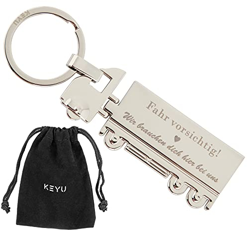 KEYU NEU Schutzengel Schlüsselanhänger LKW | Geschenk für LKW-Fahrer | Schlüsselanhänger fahr vorsichtig | Glückbringer Auto | Glücksbringer klein („Wir brauchen dich hier bei uns“)
