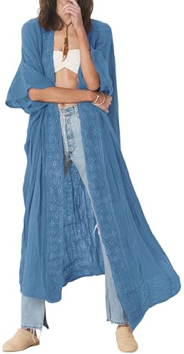 Bsubseach Embroidery Open Front Swimsuit Cover Ups for Women Half Sleeve Bikini Beach Kimono Cardigan Blue