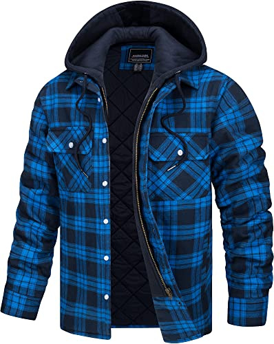 TACVASEN Men Lumberjack Shirt Hoody Fleece Jacket Plaid Shirt Jacket Lumber Hooded Outerwear Jackets Checkered Shirts Blue
