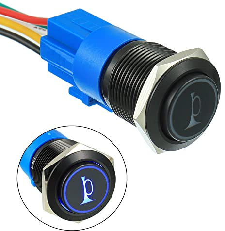 EPLZON 19MM 12V Pulsante momentaneo clacson per auto LED rosso acceso momentaneo altoparlante in metallo interruttore a levetta clacson con presa di corrente (Blu)