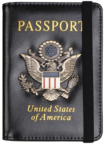 TOURSUIT RFID Blocking Passport Holder for Women Men, Leather Passport Travel Wallet with Metal 3D Metal Badge, Travel Document Holder Cover Accessories (Black)