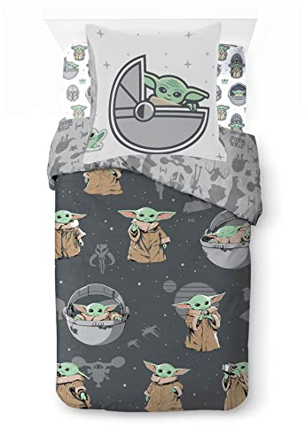 Jay Franco Star Wars Mandalorian The Cutest Bounty 100% Baumwolle 3-teiliges Bettwäsche-Set 135x200cm Einzelbettgröße - Bettbezug + Spannbettlaken 90x200 cm + Kissenbezug 50x70 cm