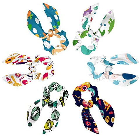 6PCS Hair Scarf Scruncheis for Women Girls, Ribbon Bow Elastic Hair Ties Bands Satin Hair Ribbon Scrunchy Ponytail Holder Accessories,Funny Smiling Animal Palm