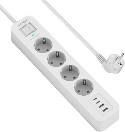 JSVER Multiprise USB C,4 Prises avec 4 Ports USB Chargeur de Voyage, Parasurtenseur Multiprise Electrique(3680W 16A) Parafoudre et Surtension avec Interrupteur Cable 2m pour Smartphone Tablette- Blanc