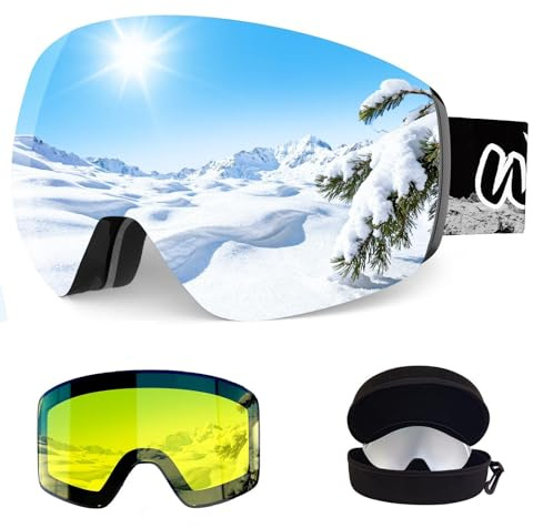 Skibrille OTG für Damen, Herren, Erwachsene, magnetisch abnehmbare Wechselgläser, Anti-Beschlag, 100% UV400 Skibrille (grau)