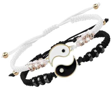FEQDWOX 2 pièces Meilleure amie ajustable Yin Yang magnétique Bracelets d'Amitié à Cordon Ajustable Yin Yang Corde Tressée Tai Chi pour Bff de la Saint-Valentin amoureux pour 2 en commun