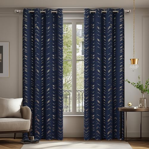 Deconovo Lot de 2 Rideaux Occultants Thermiques Isolants Anti-Froid à Œillets - Motif en Fil d'or 140×180CM, Rideaux Thermiques pour Chambre et Salon Bleu Marine