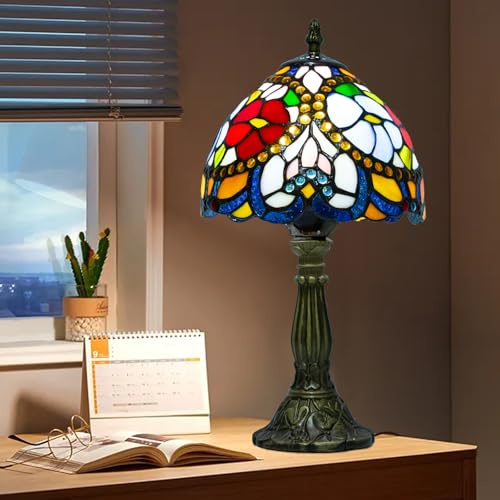 Ppbmocw Tiffany Style Lamp,Red Rose Beads,3 Color Temperatures,8 inch | Small Stained Glass Table Lamp For Bedside,Living Room,Bedroom,Reading,Traditional Light,Vintage Art Deco Lamps,Holiday Gifts