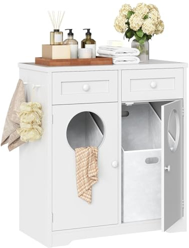 HOOBRO Double Laundry Hamper Cabinet, Hidden Laundry Cabinet with 2 Drawers & 2 Baskets, 20 Gallon Farmhouse Bathroom Laundry Hamper with 2 Clothes-Toss Holes, White WT36XY01