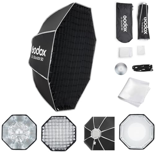 Godox 90cm Quick Release Octagonal Softbox with Bowens Mount, Portable Softbox with Removable Diffusers & Grid, Durable Metal Struts for Photography, Live Streaming & Portraits