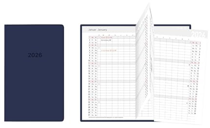 Idena 12051 – fickkalender 2026, Leporello-kalender i format 8,7 x 15,3 cm, 1 månad på 2 sidor, möteskalender med flexibelt omslag i blått och adresshäfte