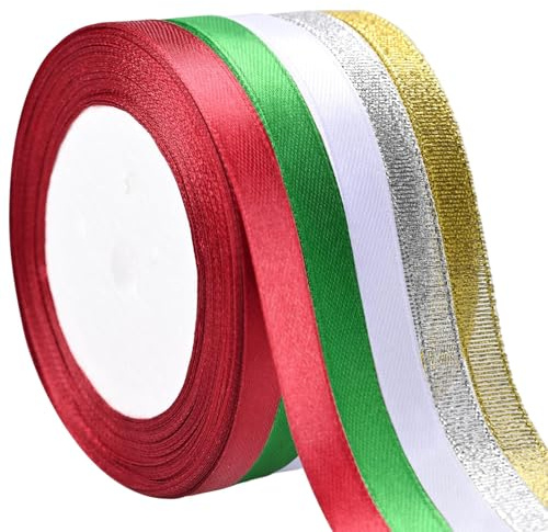 XIABYAYU Ruban de Noël, Ruban Satin de Noël, 5 Pcs Rubans D’Emballage Cadeau, 10mm x 22m Rubans Cadeau Rouge pour Emballage Cadeaus, Décorations Sapin de Noëls et DIY