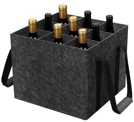 Borsa Portabottiglie Vino 9 Scomparti, Borse in Feltro Borsa per Bottiglie Vino Acqua, Borse per Bottiglia di Vinos in Feltro con Manico, Porta Bottiglie Vinos Pieghevole per Festa Picnic(Nero)