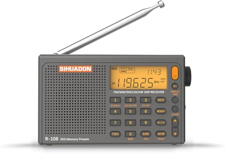 SIHUADON R-108 Portable Radio AM FM SW LW Airband, Small Retro Emergency Radio Digital Battery Operated 5W Speaker Clock Radios with Alarm for Bedroom, Kitchen, Camping, Power Outage Use, Grey