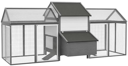 PawHut Pollaio in Legno per Galline Ovaiole da Esterno con 2 Recinti Laterali, Casetta, Nido, Tetto Impermeabile, Vassoio Estraibile, Posatoio, Porte e Rampa, per 2-4 Galline, 247x118x113.5cm, Grigio