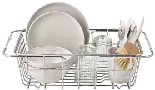 LLHONG Expandable Dish Drying Rack and Utensil Cutlery Holder, Drainer Rack | Over Sink | Kitchen Sink Basket Stainless Steel | for Washing and Draining Vegetables Fruits Plates, Bowls Cups
