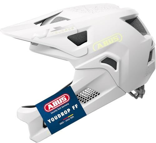 Casco ABUS MTB YouDrop FF - Casco fullface para niños y jóvenes - para iniciarse en el Ciclismo de montaña - con Protector de Barbilla extraíble - Blanco, Talla S