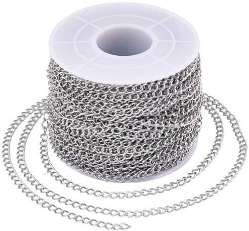 BEAMARKER Catene A Maglie Larghe in Argento da 82 Piede, Catene Intrecciate in Acciaio Inossidabile, Cavo Piatto Saldato in Metallo da 4 x 3mm, Maglie Estensibili Lunghe, Rotolo con Bobina in Plastic