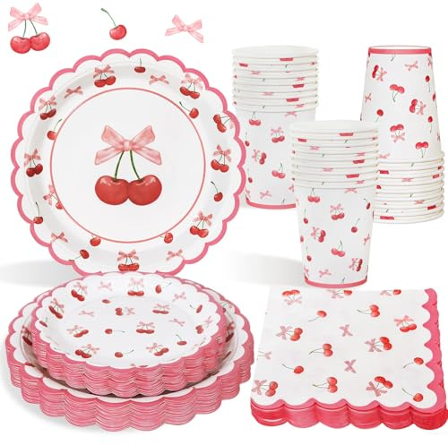 Heboland Cherry Pink Party Tableware Set, 100 Pcs | Serves 25 Guests, Coquette Pink Bows Cherry Birthday Party Plates Cups and Napkins, Summer Fruit Decor