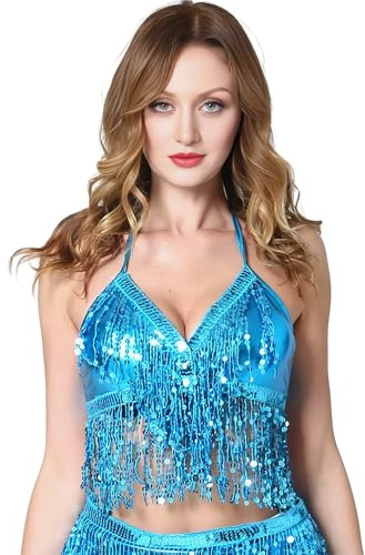 Baisdan Sequined Latin Belly Dance Bra Top Women Dance Costume Fringe Tassel Top Sky Blue
