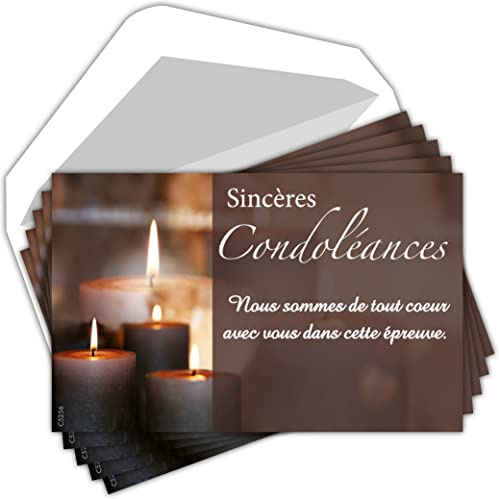 C5256 Sincères Condoléances Lot 5 Cartes identiques + 5 Enveloppes Blanches Format 9x14cm - Texte épreuve Sympathie Décès Obsèques Funérailles Deuil Bougies Réconfort Pochette Fabriqué en France