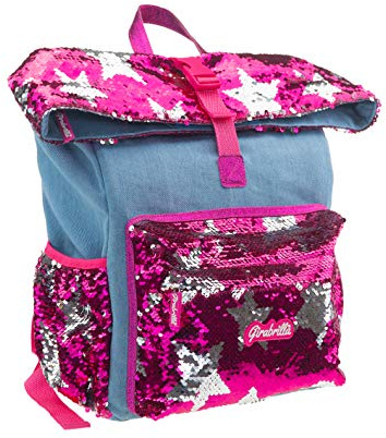 Girabrilla- Nice Group Zaino Roll Top Jeans e Paillettes Scintillanti reversibili, spalloni Decorati, Colore Magenta