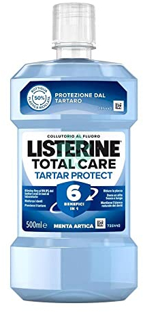 LISTERINE Total Care Tartar Protect, Collutorio al gusto di Menta Artica, Collutorio al Fluoro con 10 benefici in 1 per una pulizia denti tartaro accurata e una protezione completa, 500 ml