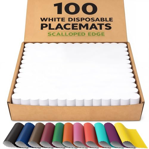 100 White Scalloped Paper Placemats – 10 x 14, 80 GSM, Disposable Table Mats in Dispenser Box