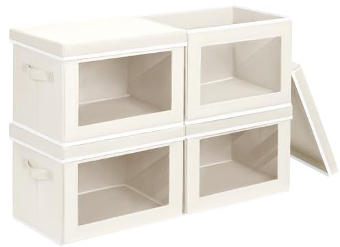 Homsorout Fabric Storage Bins with Lids, Decorative Storage Boxes, Closet Storage Bins with Window, Storage Baskets for Closet, Closet Organizers for Towel, Clothes, Beige, 4-Pack