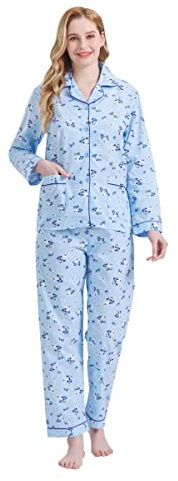 GLOBAL Pigiama Donna 100% Cotone Pigiami Due Pezzi da Donna Camicia da Notte Maniche Lunghe e Pantaloni Sleepwear con Bottoni per Tutte Le Stagioni Fiore Blu XXL
