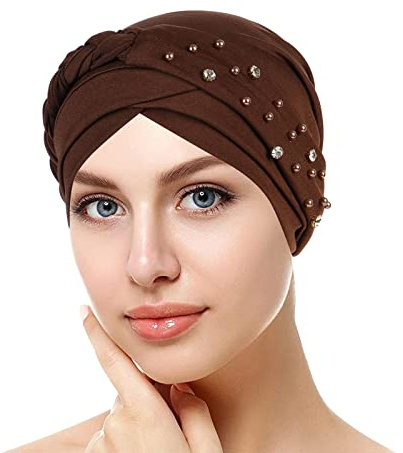 Turban Mode Bonnet chimio pour Femmes Dames Bonnet Beanie avec élégante Application de Rivets en Strass, Longbeanie Slouch Chemo Couvre-chef Bonnet Unisexe Bonnet de Nuit Bonnets Beanie Foulard Café