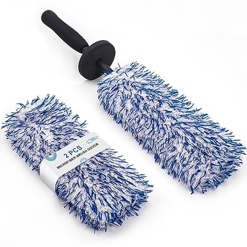 Toripor Microfiber Wheel Cleaning Brush with Car Detailing Brush, Flat & Long Handle Tire Cleaner Brush Tool Kit for Auto Truck Motorcycle Wheel Barrel Spoked Rims Scratch Free Washing