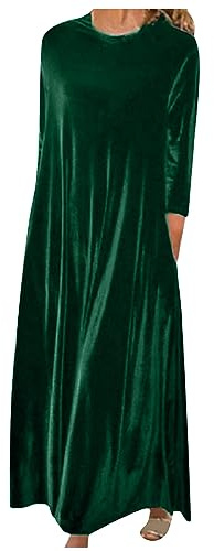 Women Vintage Velvet Long Sleeve Maxi Dress - Casual Loose Fit Elegant Bridesmaid Ladies Solid Color Plus Size Army Green