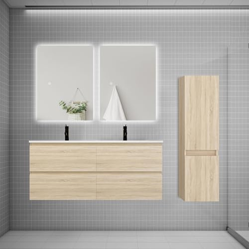 AICA Ensemble Meuble Salle de Bain 120cm avec Double Vasque + lavabo + Colonne + Miroir,chêne