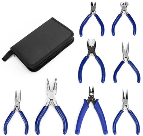 QWORK® Juego de 8 Alicates para Fabricación de Joyas - Alicates Joyería con Bolsa de Almacenamiento